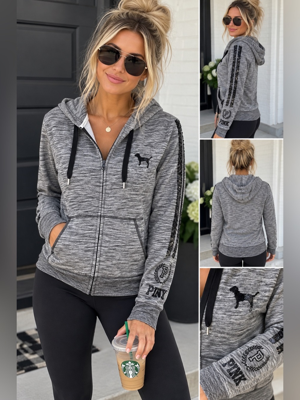 Victoria’s Secret PINK Gray Sequin Dog Full Zip Hoodie Y2K Bling